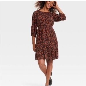 Knox Rose Leopard Print Smocked Waist Boho Dress‎ Size Large